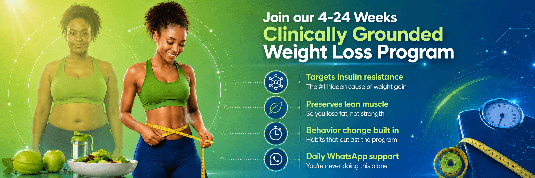 Promotional banner for a weight‑loss program featuring two women in green workout outfits, a salad and fruits, and a measuring tape; highlights program benefits on the right.