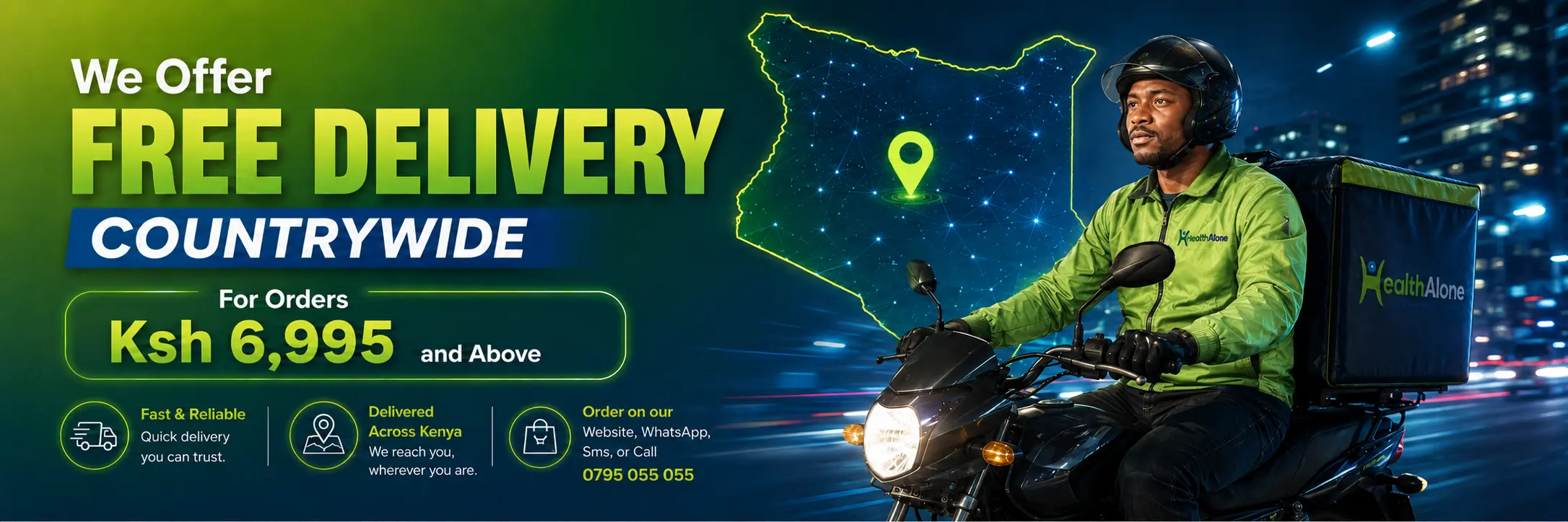 Banner advertising free nationwide delivery for orders over Ksh 6,500, featuring a delivery rider on a motorbike with a blue HealthAlone bag on the right and a glowing map of Kenya on the left.