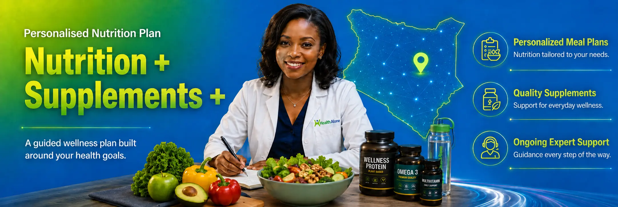 Banner advertising free nationwide delivery for orders over Ksh 6,500, featuring a delivery rider on a motorbike with a blue HealthAlone bag on the right and a glowing map of Kenya on the left.