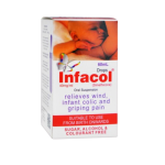 Infacol infant drops box with baby image, indicating relief of wind, infant colic and gripping pain; suitable from birth onwards (oral suspension).
