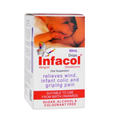 Infacol infant drops box with baby image, indicating relief of wind, infant colic and gripping pain; suitable from birth onwards (oral suspension).
