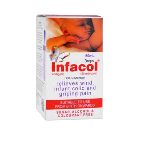 Infacol infant drops box with baby image, indicating relief of wind, infant colic and gripping pain; suitable from birth onwards (oral suspension).