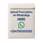 White envelope with blue text reading 'Upload Prescription on WhatsApp HERE', a green WhatsApp logo, and a phone number shown at the bottom.