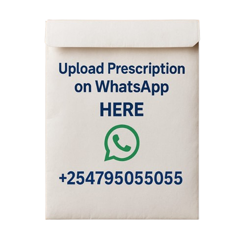 aztor 20mg White paper package inviting users to upload a prescription on WhatsApp, featuring the WhatsApp logo and the phone number +254795505505.