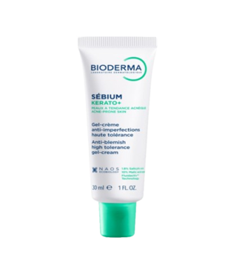 Tube of Bioderma Sébium Kerato+ gel-cream for anti-blemish high-tolerance, 30 ml; white tube with green cap.