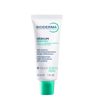 Tube of Bioderma Sébium Kerato+ gel-cream for anti-blemish high-tolerance, 30 ml; white tube with green cap.