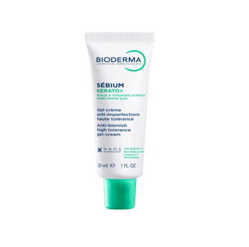 sebium_kerato- Tube of Bioderma Sébium Kerato+ gel-cream for anti-blemish high-tolerance, 30 ml; white tube with green cap.