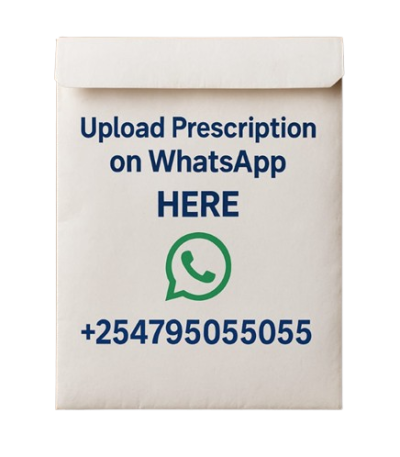 Envelope-shaped card with text inviting users to upload a prescription on WhatsApp, showing the WhatsApp logo and phone number +254795055055