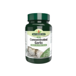 Bottle of Nature's Aid Concentrated Garlic tablets with high allicin yield, green cap on white background