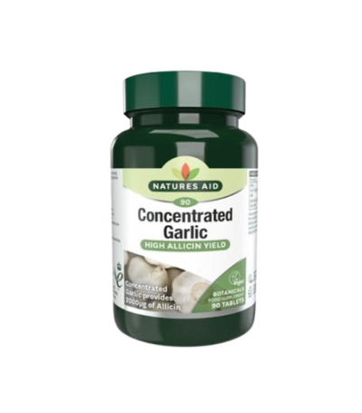 Bottle of Nature's Aid Concentrated Garlic tablets with high allicin yield, green cap on white background