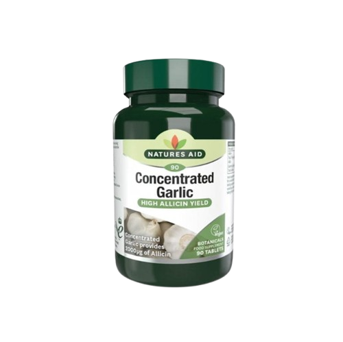 CONCENTRATED_GARLIC- Bottle of Nature's Aid Concentrated Garlic tablets with high allicin yield, green cap on white background