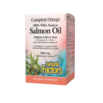 Box of Natural Factors Complete Omega 100% Wild Alaskan Salmon Oil softgels, 1300 mg (Omega-3 EPA & DHA), no fishy aftertaste, produced from Pristine waters of Alaska