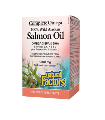 Box of Natural Factors Complete Omega 100% Wild Alaskan Salmon Oil softgels, 1300 mg (Omega-3 EPA & DHA), no fishy aftertaste, produced from Pristine waters of Alaska