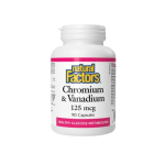 Bottle of Natural Factors Chromium & Vanadium supplement, 125 mcg, 90 capsules.