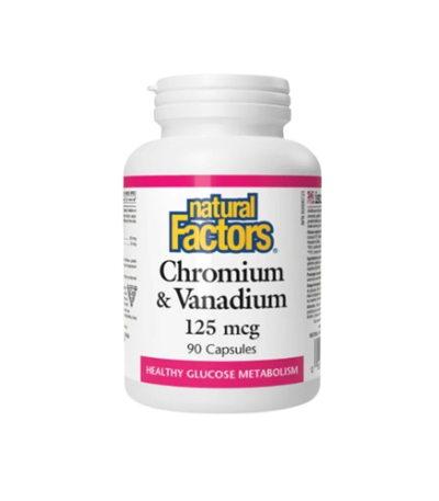 Bottle of Natural Factors Chromium & Vanadium supplement, 125 mcg, 90 capsules.