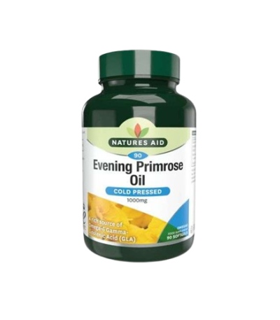 Bottle of Nature's Aid Evening Primrose Oil, cold-pressed, 1000 mg supplement in a green container with white label.