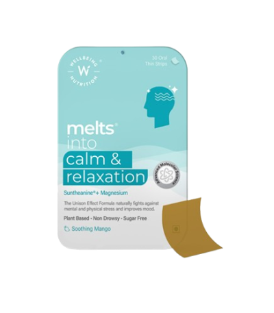 Retail pouch labeled 'melts into calm & relaxation' with teal gradient design, a head silhouette graphic, and a peel-off sticker on the corner.