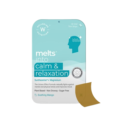 Retail pouch labeled 'melts into calm & relaxation' with teal gradient design, a head silhouette graphic, and a peel-off sticker on the corner.