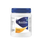 White supplement bottle with a blue lid labeled Nutrifiber, a probiotic/health supplement bottle.
