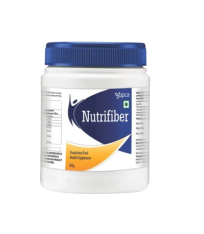 White supplement bottle with a blue lid labeled Nutrifiber, a probiotic/health supplement bottle.
