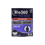 Box of Bio360 Microbiotics Pro-Daily dietary supplement: highlights 10 billion bacteria, 5 strains for daily use; contains 30 capsules.