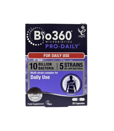 Box of Bio360 Microbiotics Pro-Daily dietary supplement: highlights 10 billion bacteria, 5 strains for daily use; contains 30 capsules.