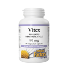 Vitex herbal supplement bottle: 80 mg, 90 vegetarian capsules, standardized extract, Natural Factors brand with a yellow daisy graphic on the label.