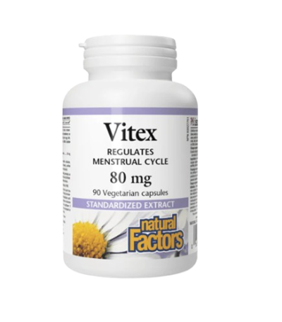 Vitex herbal supplement bottle: 80 mg, 90 vegetarian capsules, standardized extract, Natural Factors brand with a yellow daisy graphic on the label.