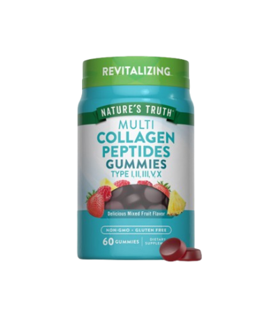 Bottle of Nature's Truth Multi Collagen Peptides Gummies, revitalizing, 60 gummies, mixed fruit flavor with berry imagery