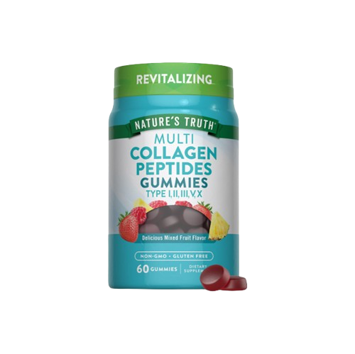 COLLAGEN_GUMMIES- Bottle of Nature's Truth Multi Collagen Peptides Gummies, revitalizing, 60 gummies, mixed fruit flavor with berry imagery