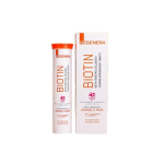 Biotin vitamin bottle and matching box by Regenera on a black background, orange accents and text indicating orange flavor.
