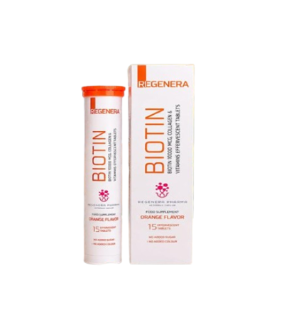 Biotin vitamin bottle and matching box by Regenera on a black background, orange accents and text indicating orange flavor.
