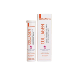 Regenera Collagen peach-flavor supplement bottle and box on a black background.