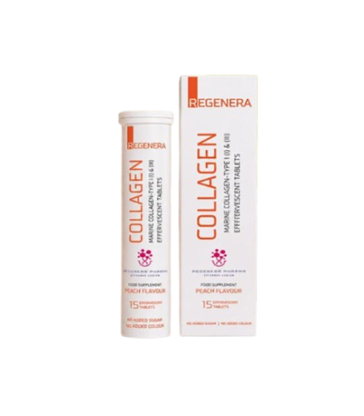 Regenera Collagen peach-flavor supplement bottle and box on a black background.