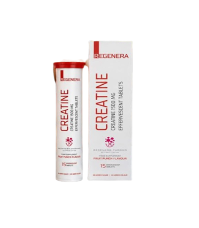 Regenera Creatine supplement bottle and matching white box with red text, shown on a black background