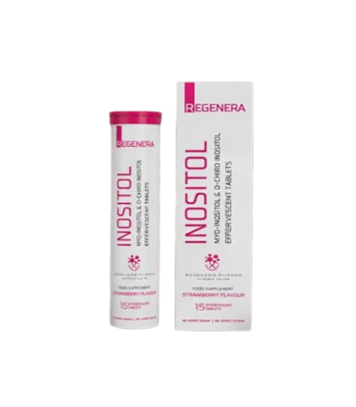Regenera Inositol supplement bottle and matching white box with pink accents, labeled strawberry flavour.