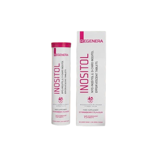inosito.. Regenera Inositol supplement bottle and matching white box with pink accents, labeled strawberry flavour.