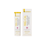 White bottle and matching box with yellow accents reading MAG+CAL Regenera—magnesium, calcium, zinc effervescent tablets (dietary supplement).