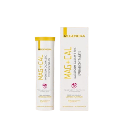 White bottle and matching box with yellow accents reading MAG+CAL Regenera—magnesium, calcium, zinc effervescent tablets (dietary supplement).