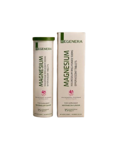Two Regenera magnesium supplement containers—a white bottle with a green cap and a matching white box—set against a black background.