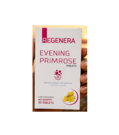 Box of Regenera Evening Primrose tablets (30 tablets), white package with pink text and a yellow primrose image, held by hands.