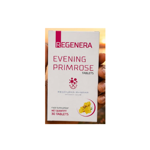 primerose-removebg-preview Box of Regenera Evening Primrose tablets (30 tablets), white package with pink text and a yellow primrose image, held by hands.