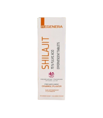White Regenera Shilajit box with orange vertical SHILAJIT text and orange flavor labeling on a black background
