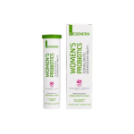 Regenera Women's Probiotics box and tube, white with green accents, product packaging designed for women.