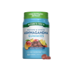 Bottle of Nature's Truth Ashwagandha Gummies with green cap, blue label, 60 gummies (non-GMO, gluten-free, vegan) on a black background