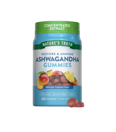 Bottle of Nature's Truth Ashwagandha Gummies with green cap, blue label, 60 gummies (non-GMO, gluten-free, vegan) on a black background