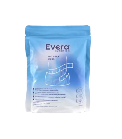 Blue Evera Nutrition Go Lean Plus pouch with white graphic design, standing upright as a packaged nutrition supplement.