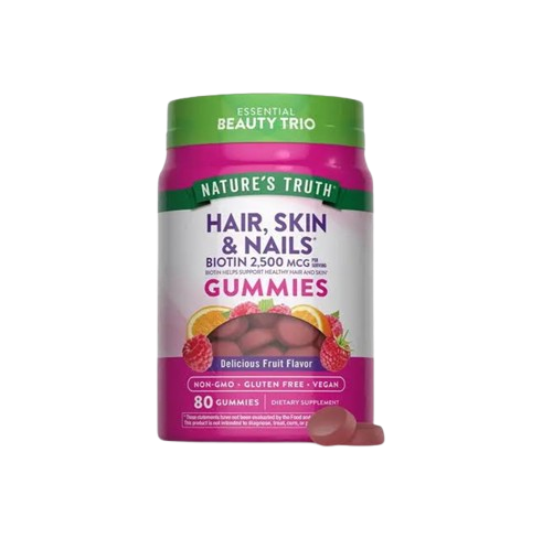 Hair_skin_and_nails- Bottle of Nature's Truth Hair, Skin & Nails gummies with biotin 2,500 mcg, fruit flavor, vegan & non-GMO on a pink-label bottle.