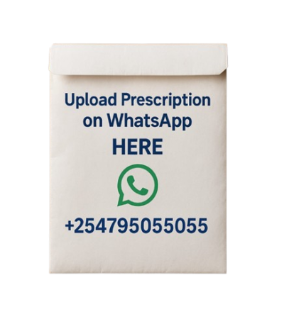 White envelope with blue text reading 'Upload Prescription on WhatsApp HERE', WhatsApp logo, and the phone number +254795055055.