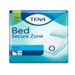 TENA Bed Secure Zone Plus protective bed pad packaging with blue and teal design and a bed illustration on the front